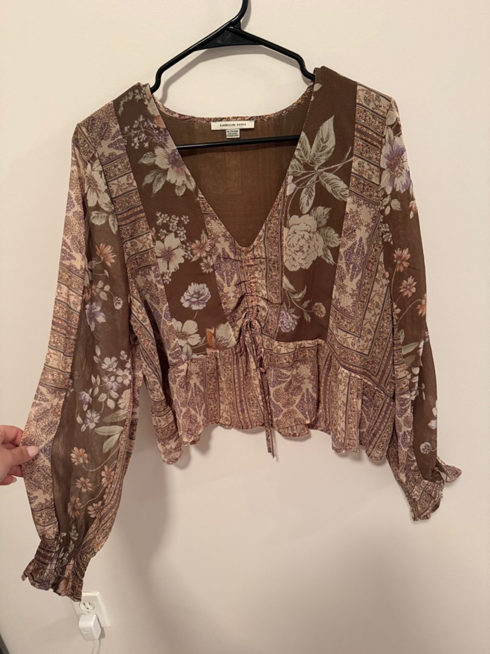 American Eagle Outfitters Brown Floral V-Neck Boho Blouse